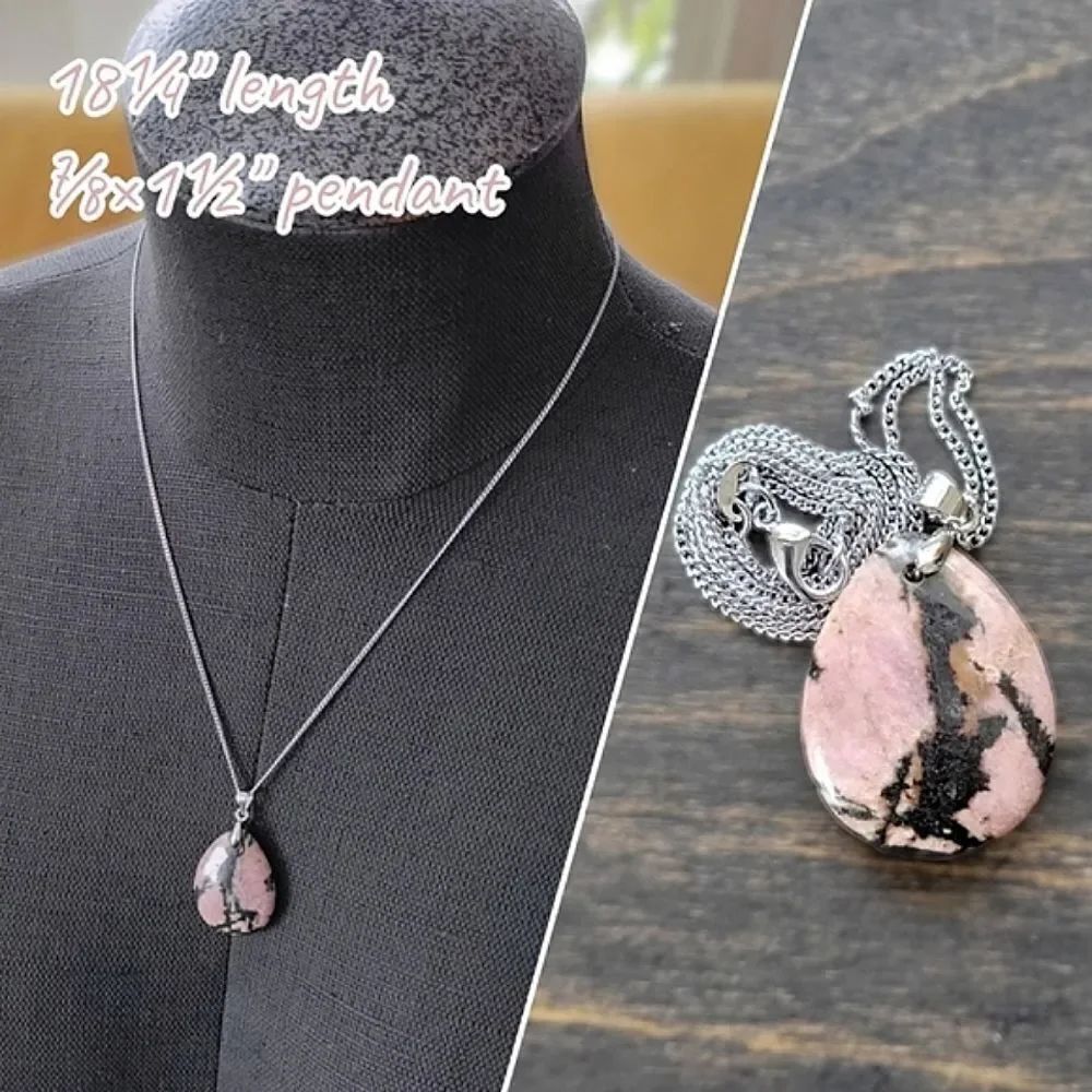 Rhodonite teardrop pendant silver tone chain necklace